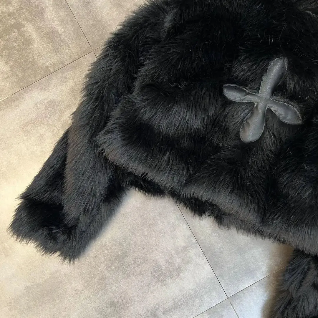 2023 Winter Women Jacket Lapel Long Sleeve Patch PU Cross Fur Cotton Coat