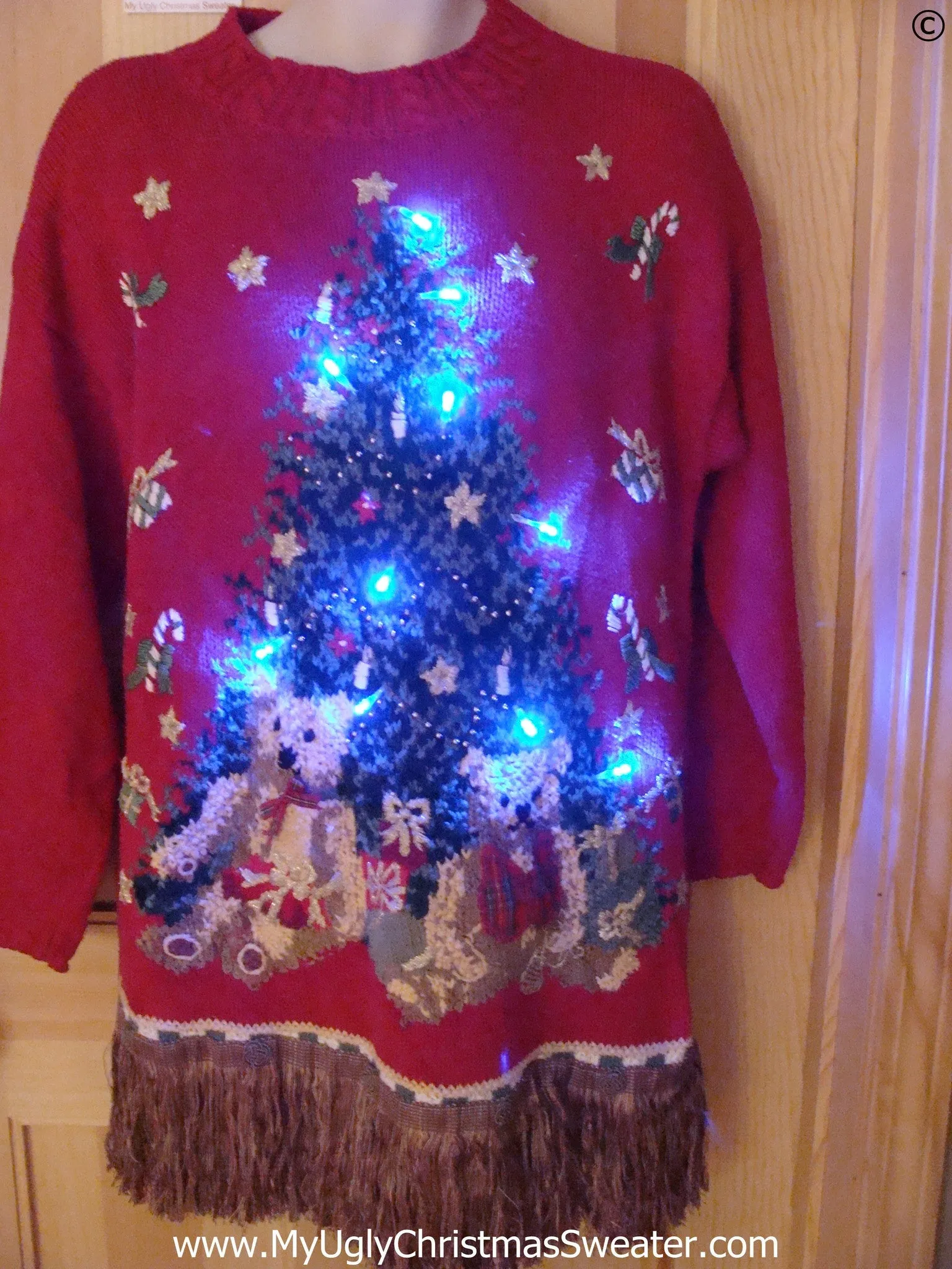 80s Tacky Christmas Sweater with Tree, Bears, Fringe, with Lights
