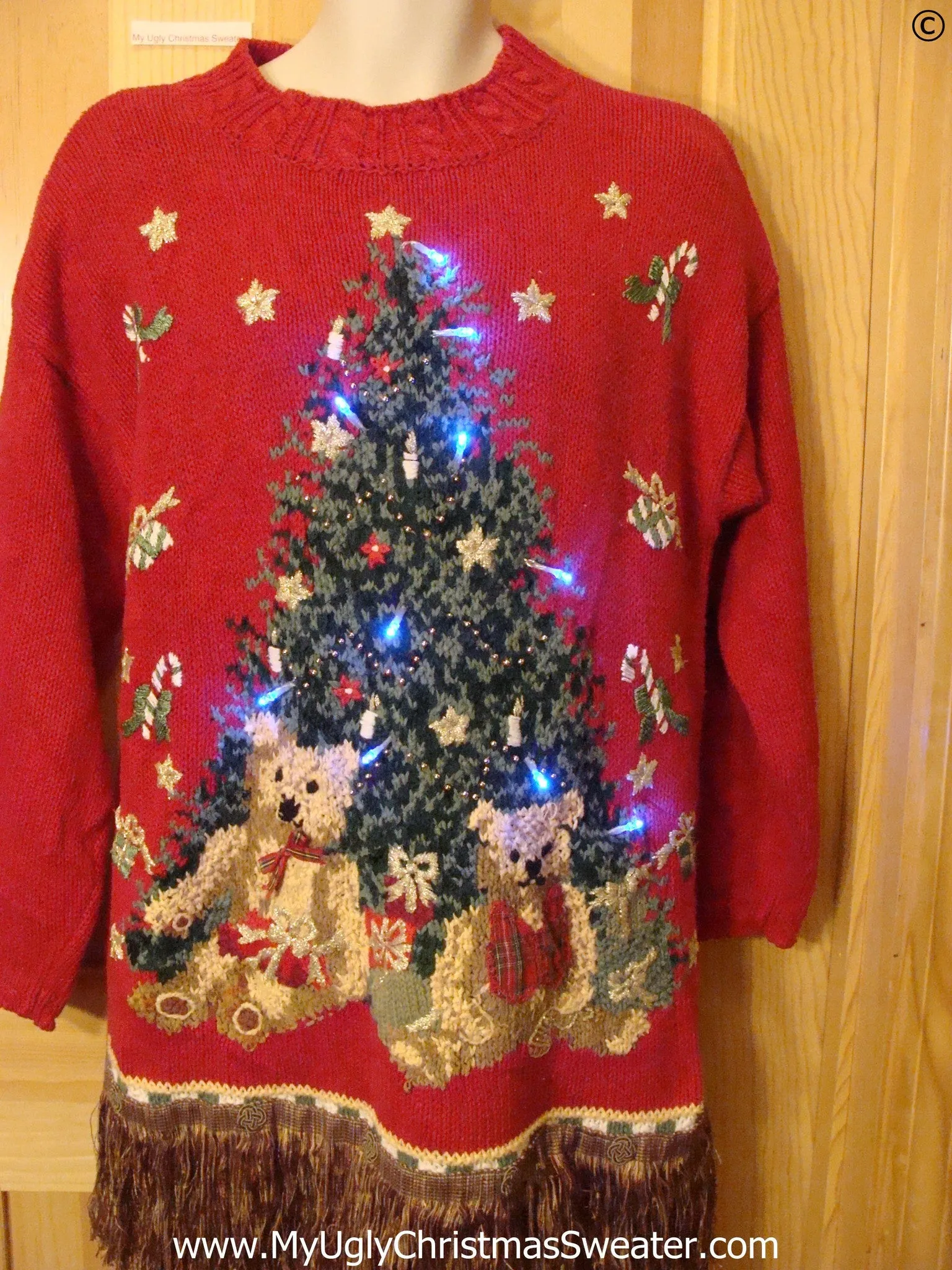 80s Tacky Christmas Sweater with Tree, Bears, Fringe, with Lights