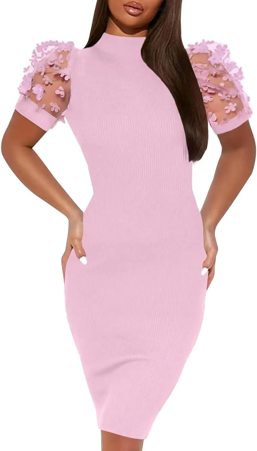 Annystore Women's Mesh See Through Sheer Dress Short Puff Sleeve Bodycon Dress Mock Neck Sexy Club Party Midi Dress Clubwear