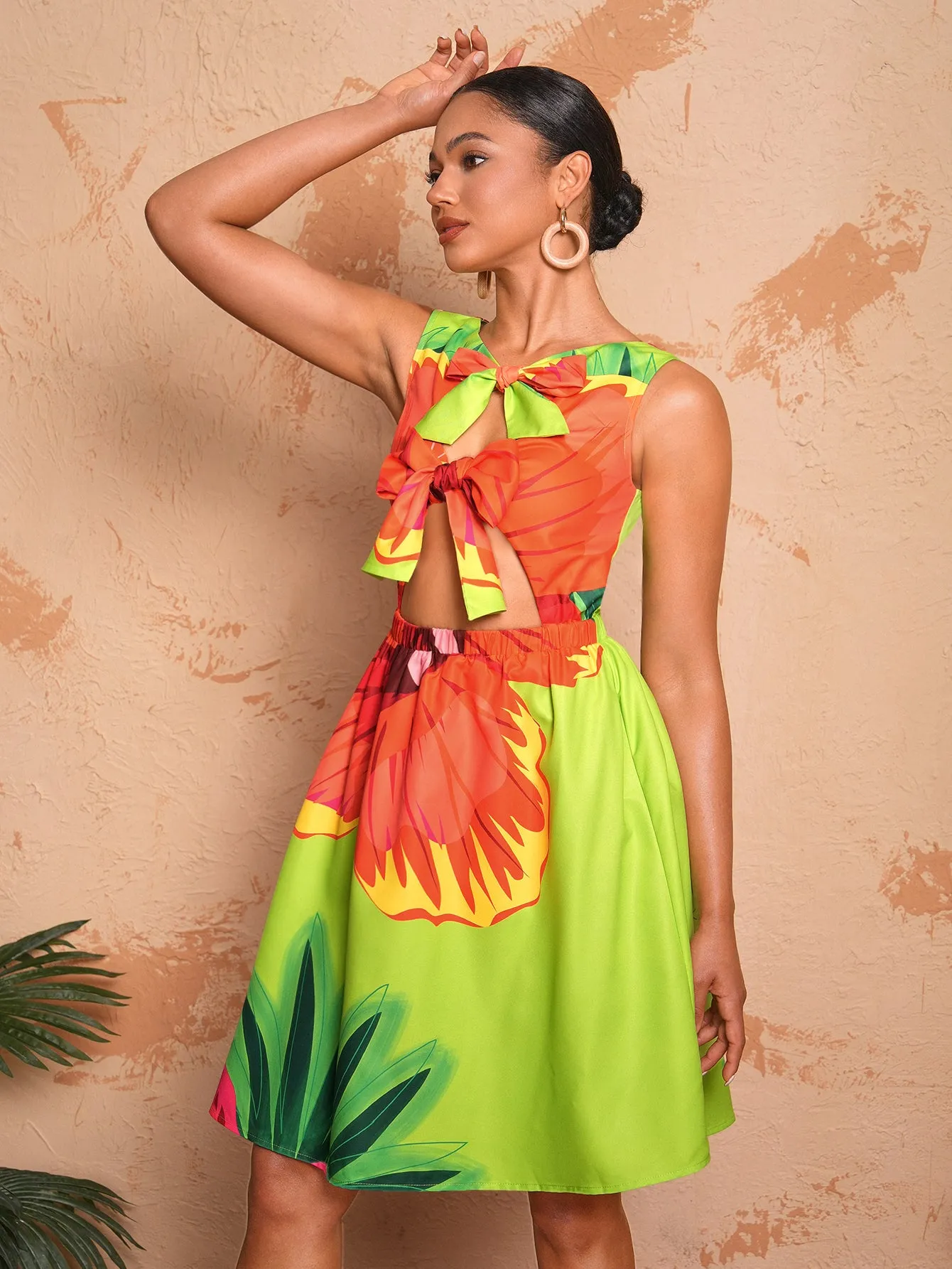 BELANGE HANDMADE x SHEIN - Bow Tie Strap Elastic Waist Print Dress- Available on SHEIN.COM Only