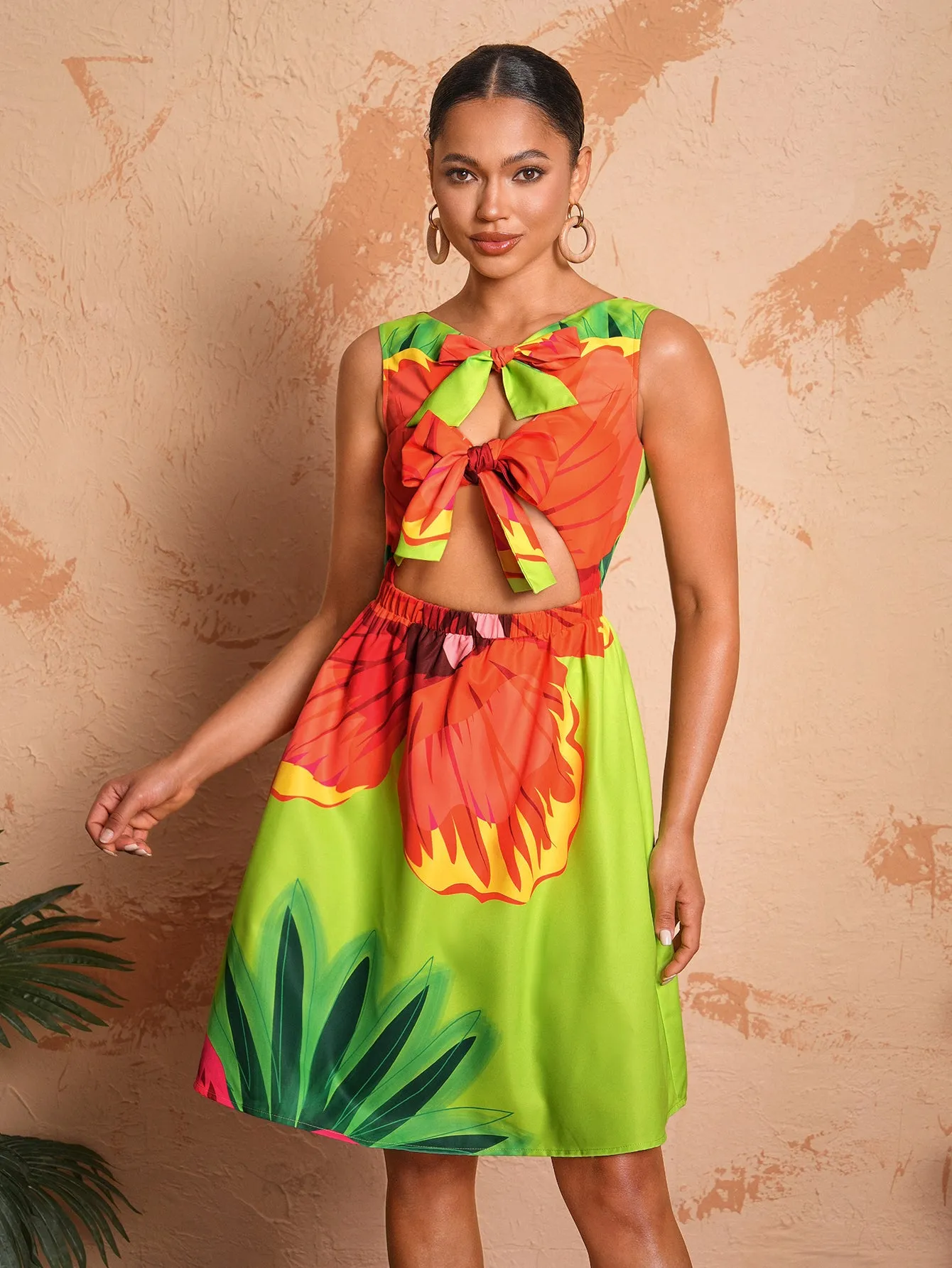 BELANGE HANDMADE x SHEIN - Bow Tie Strap Elastic Waist Print Dress- Available on SHEIN.COM Only