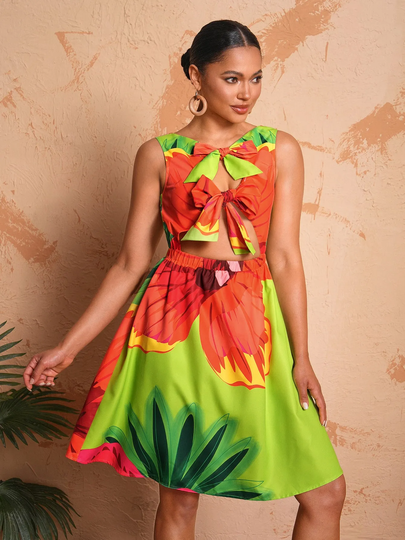 BELANGE HANDMADE x SHEIN - Bow Tie Strap Elastic Waist Print Dress- Available on SHEIN.COM Only