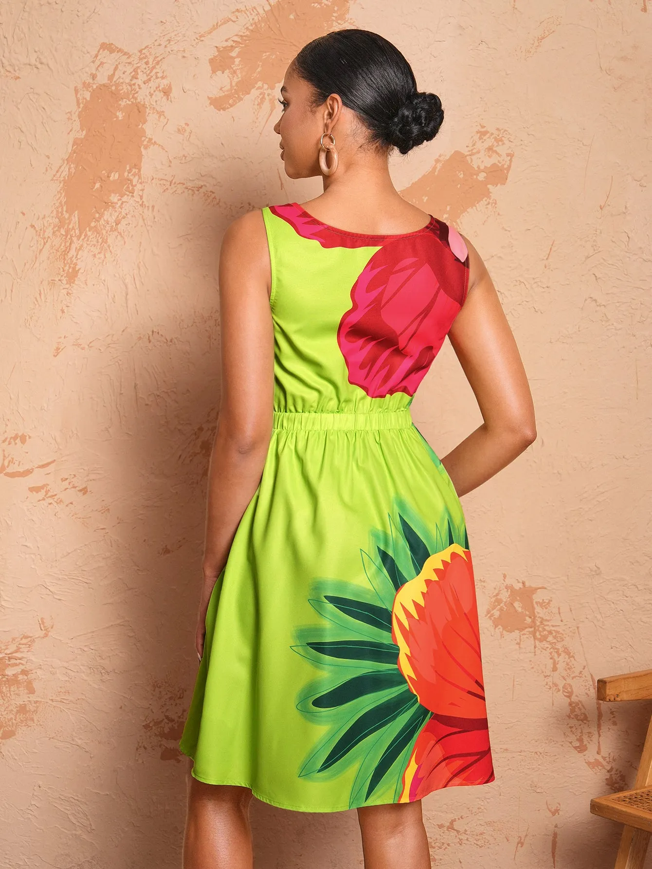 BELANGE HANDMADE x SHEIN - Bow Tie Strap Elastic Waist Print Dress- Available on SHEIN.COM Only