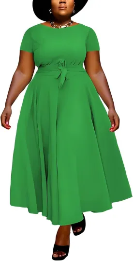 BFFBABY Plus Size Dress A Line Dresses for Women Summer Long Dresses with Sleeve Casual Belted