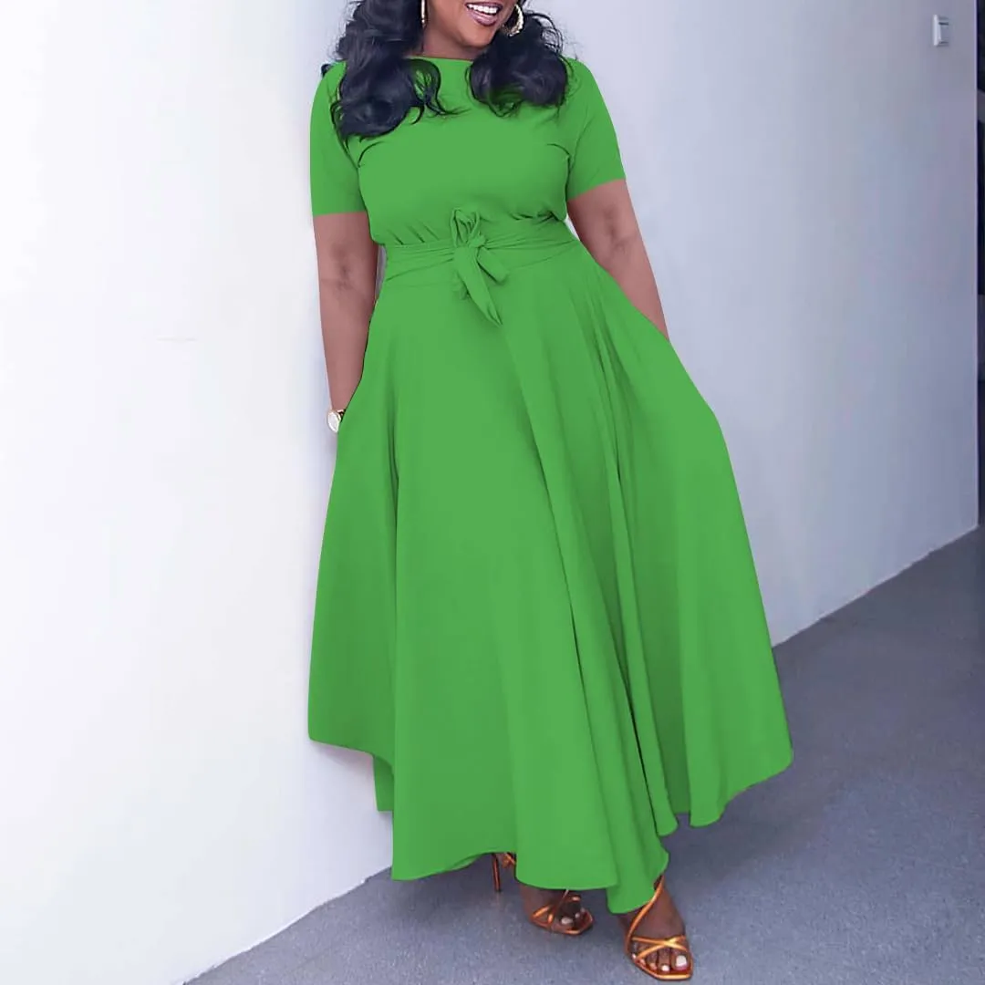 BFFBABY Plus Size Dress A Line Dresses for Women Summer Long Dresses with Sleeve Casual Belted