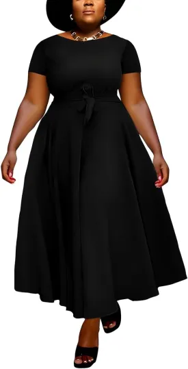 BFFBABY Plus Size Dress A Line Dresses for Women Summer Long Dresses with Sleeve Casual Belted
