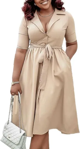 BFFBABY Womens Plus Size Wrap V Neck Casual A Line Midi Dresses Short Sleeve Summer Swing Dress with Belt Pockets