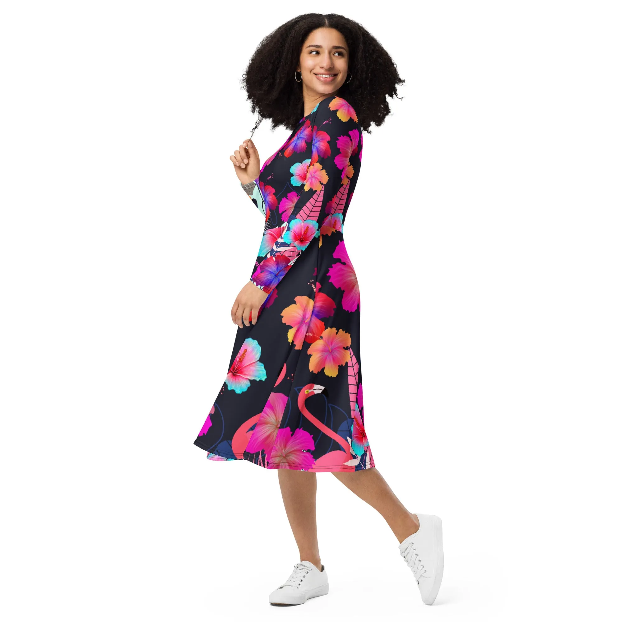 Black Tropical Long Sleeve Midi Dress