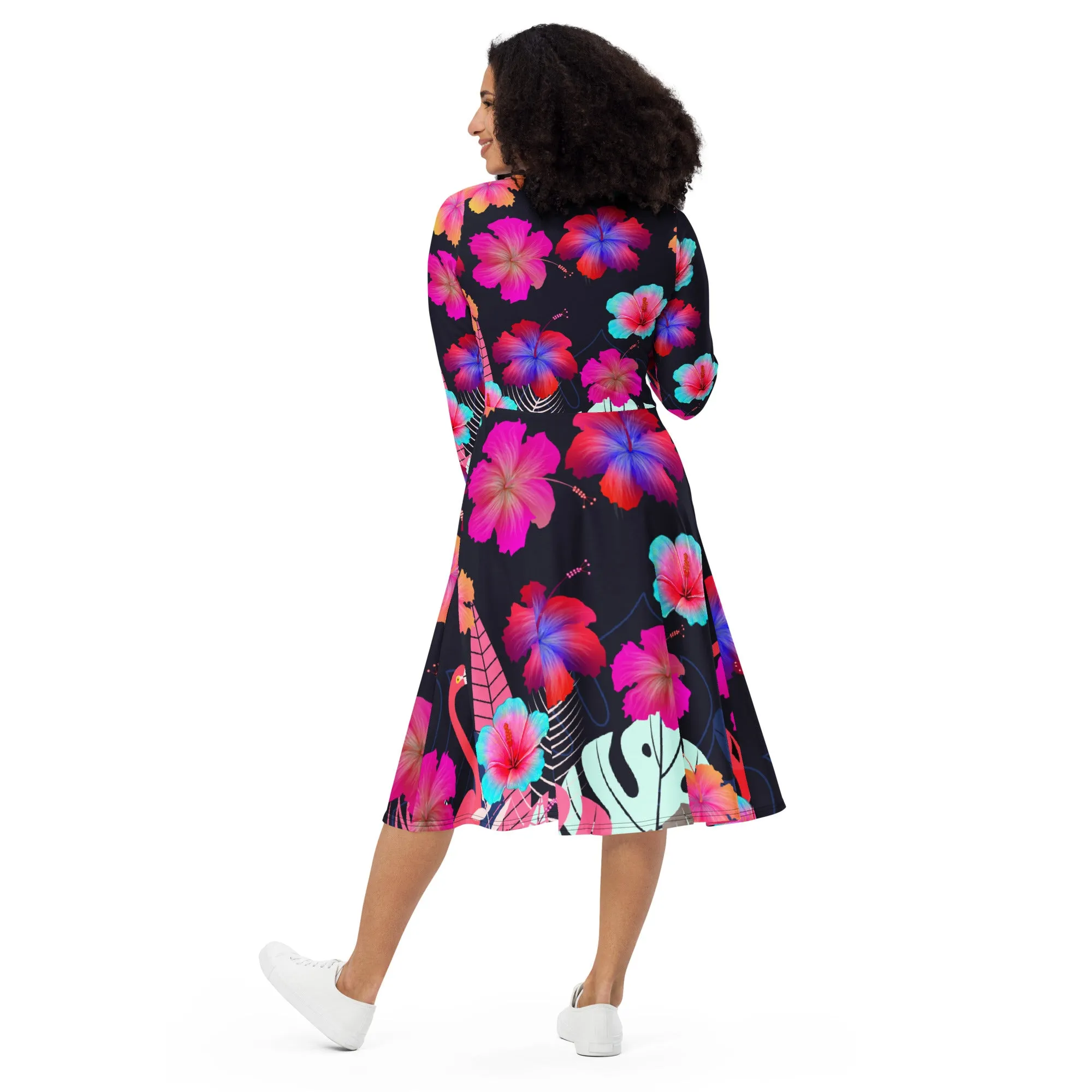 Black Tropical Long Sleeve Midi Dress