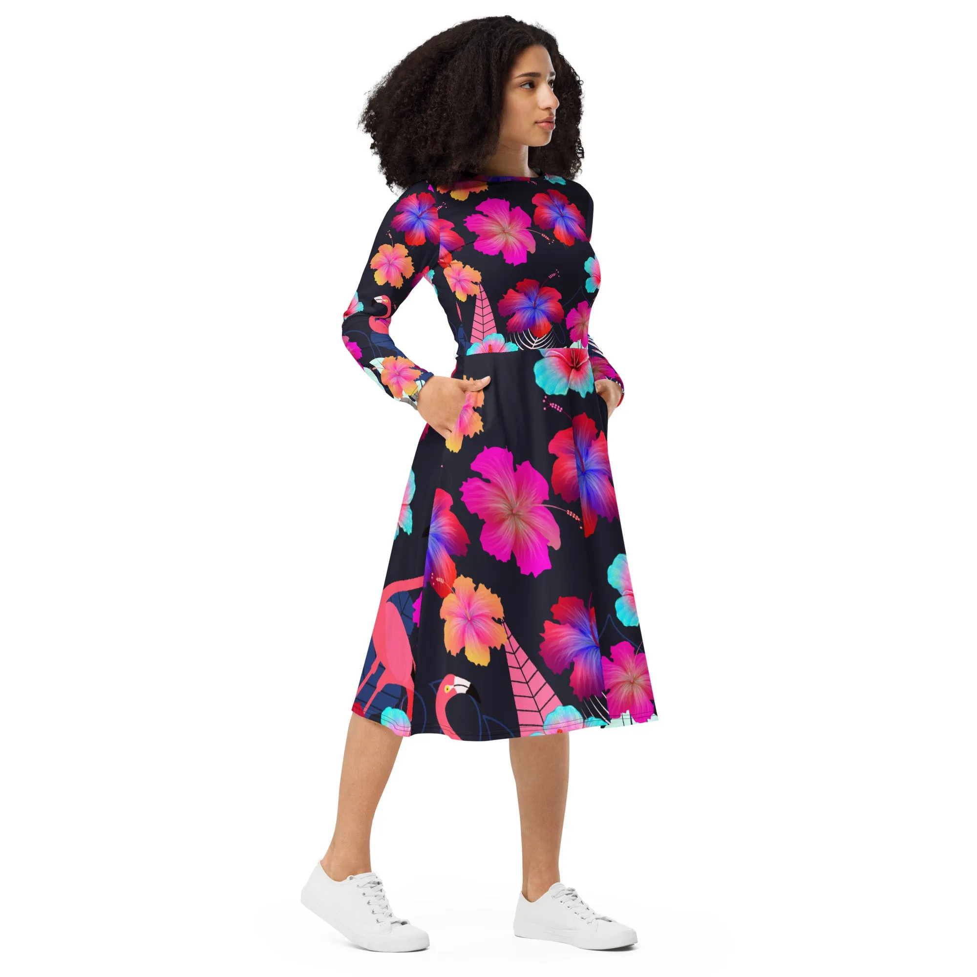 Black Tropical Long Sleeve Midi Dress
