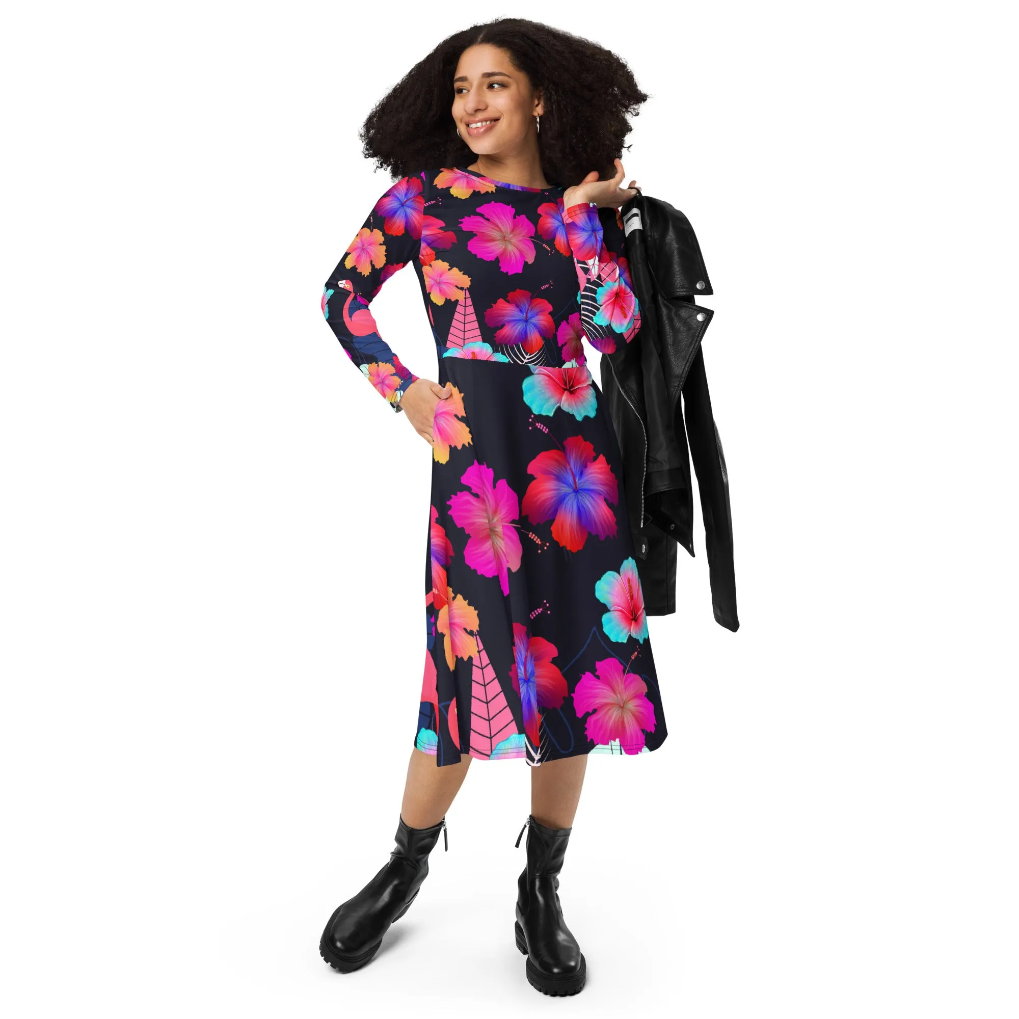 Black Tropical Long Sleeve Midi Dress
