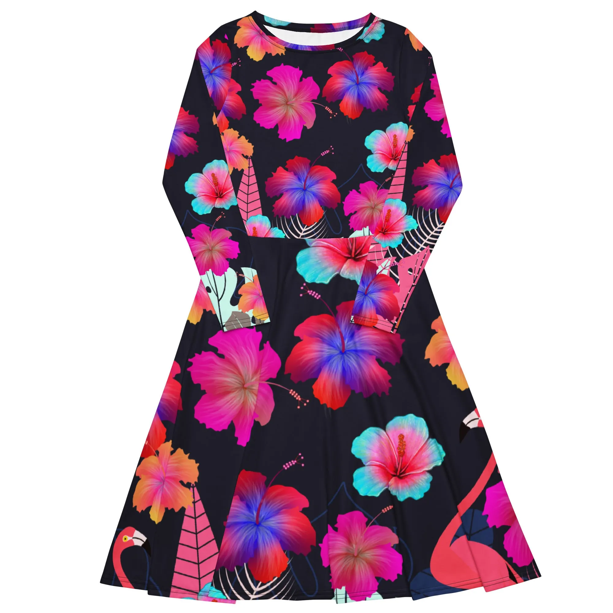 Black Tropical Long Sleeve Midi Dress