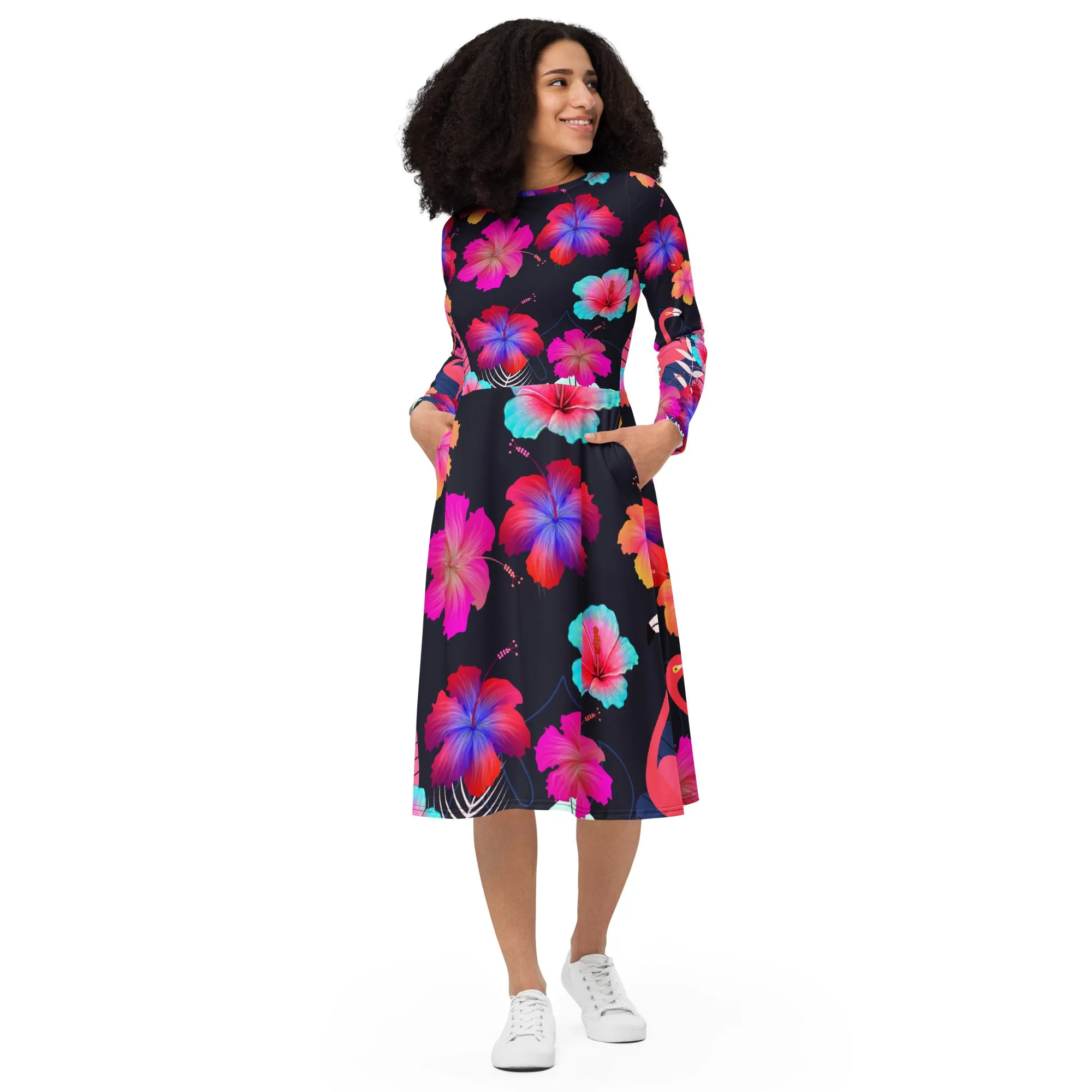 Black Tropical Long Sleeve Midi Dress