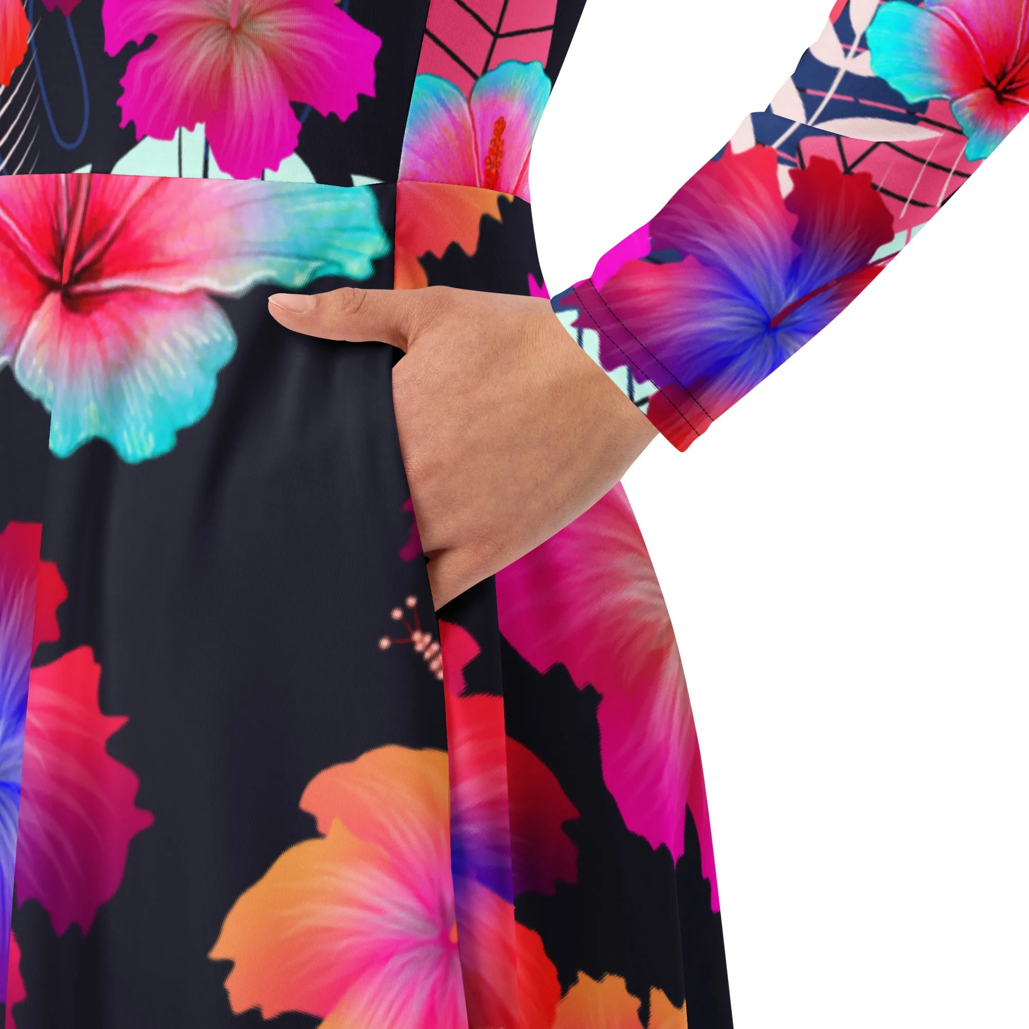 Black Tropical Long Sleeve Midi Dress