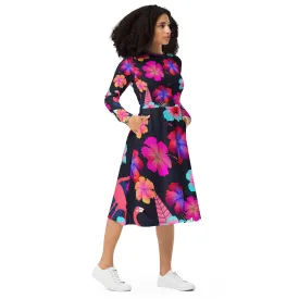 Black Tropical Long Sleeve Midi Dress