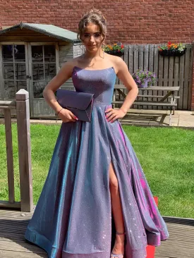 Bling Bling Backless Purple Long Prom Dresses with High Slit, Backless Purple Formal Graduation Evening Dresses