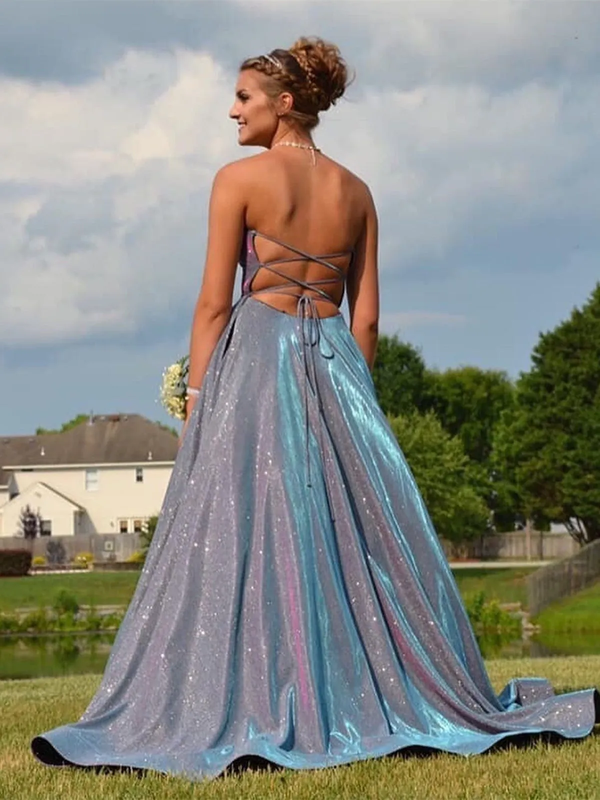 Bling Bling Backless Purple Long Prom Dresses with High Slit, Backless Purple Formal Graduation Evening Dresses