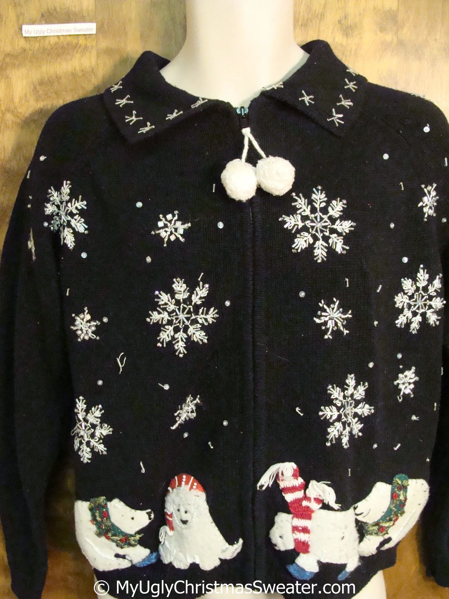 Christmas Sweater with Bears and Dangling Pompom Zipper