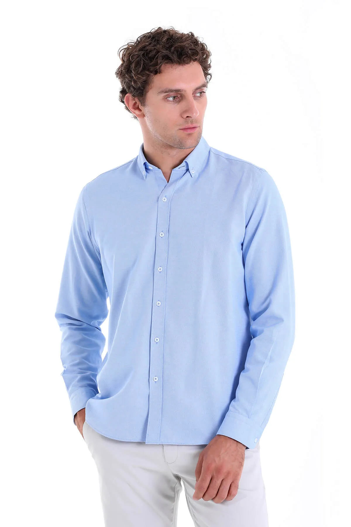 Comfort Fit Button-Down Collar Light Blue Casual Shirt