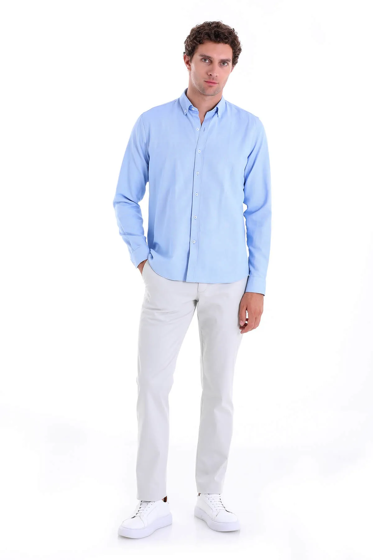 Comfort Fit Button-Down Collar Light Blue Casual Shirt