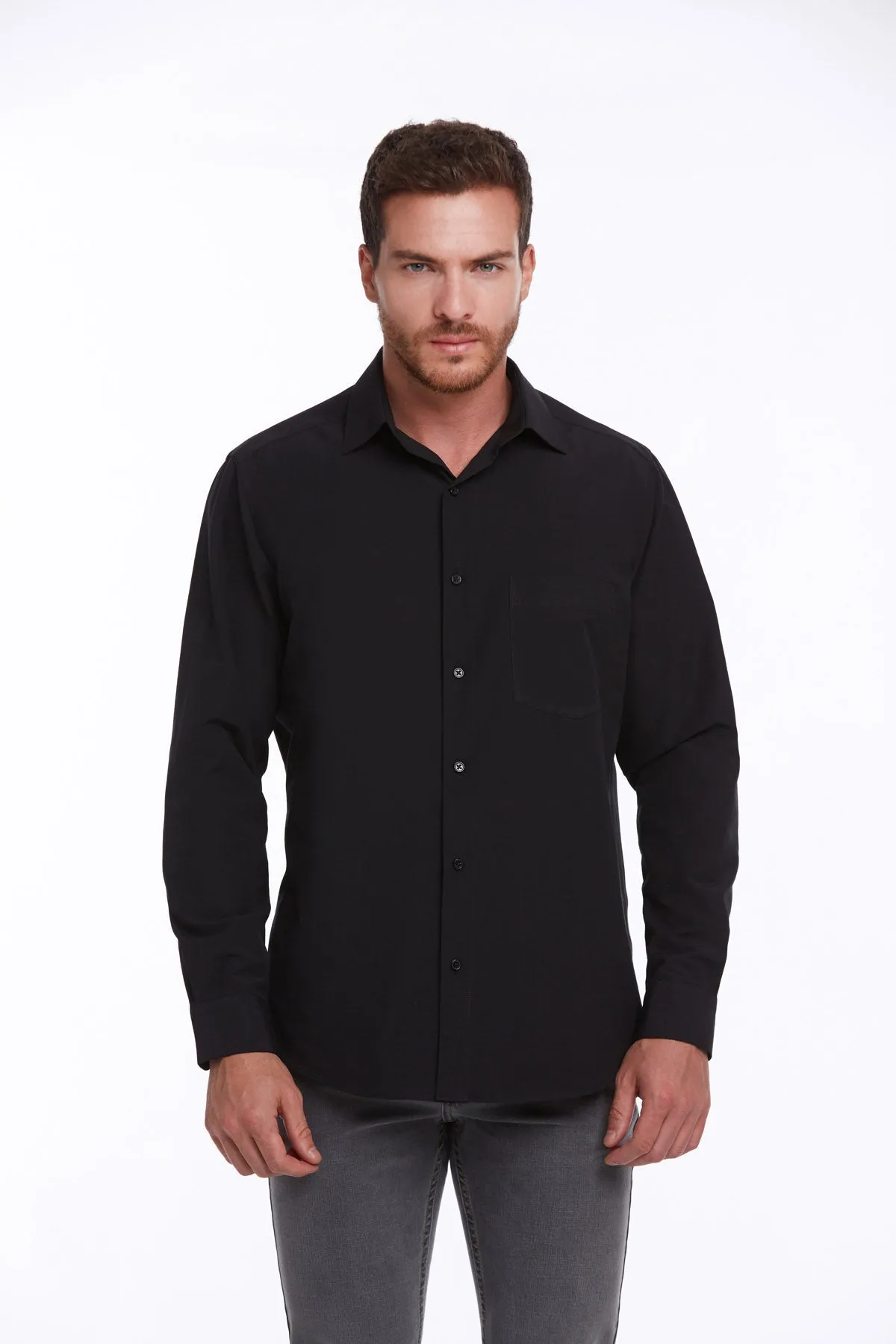 Comfort Fit Long Sleeve Plain Cotton Blend Black Dress Shirt