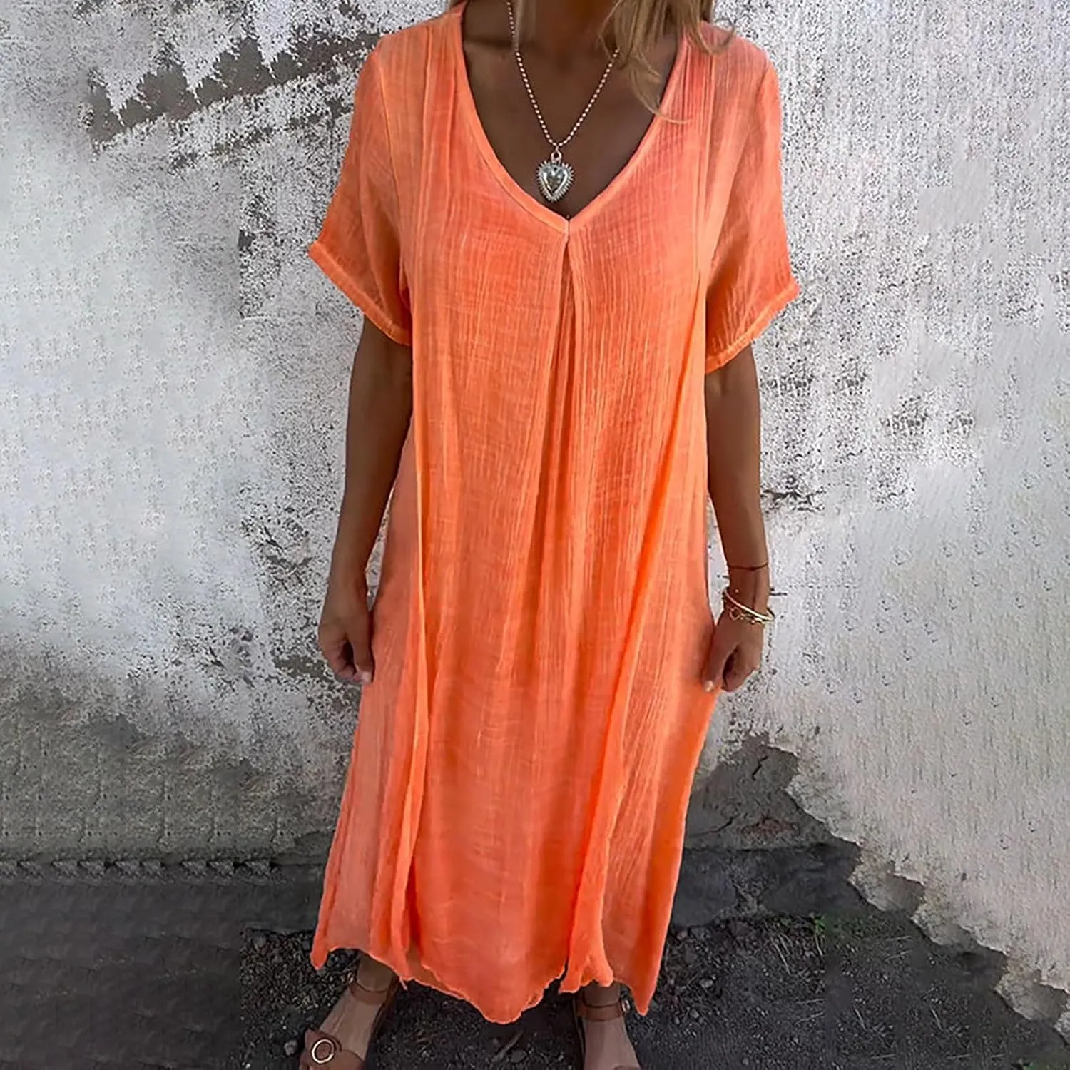 Cotton and Linen V-Neck Midi Dress Summer Short Sleeve Solid Flowy Bohemian Style Casual Loose Dressy Soft Dresses