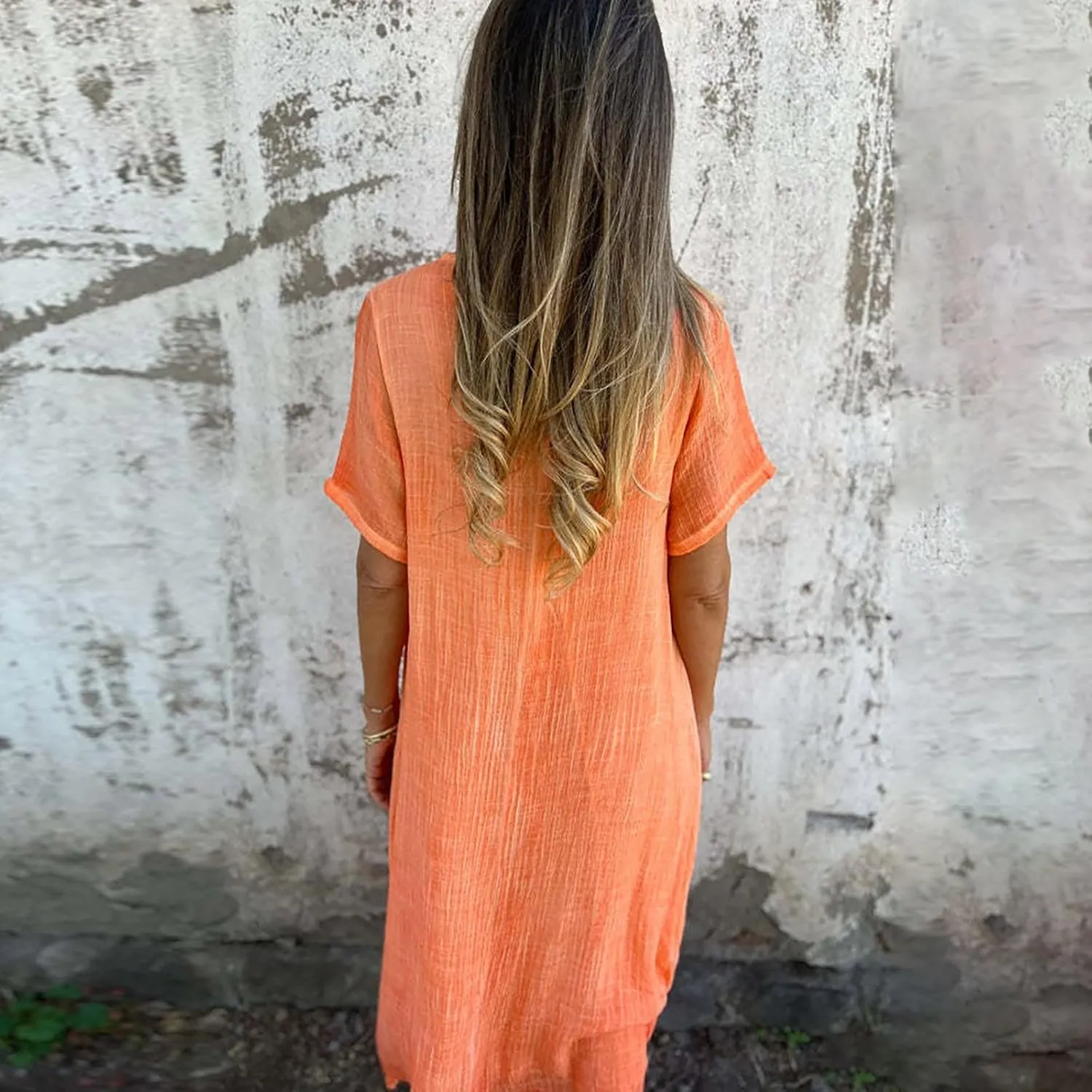 Cotton and Linen V-Neck Midi Dress Summer Short Sleeve Solid Flowy Bohemian Style Casual Loose Dressy Soft Dresses
