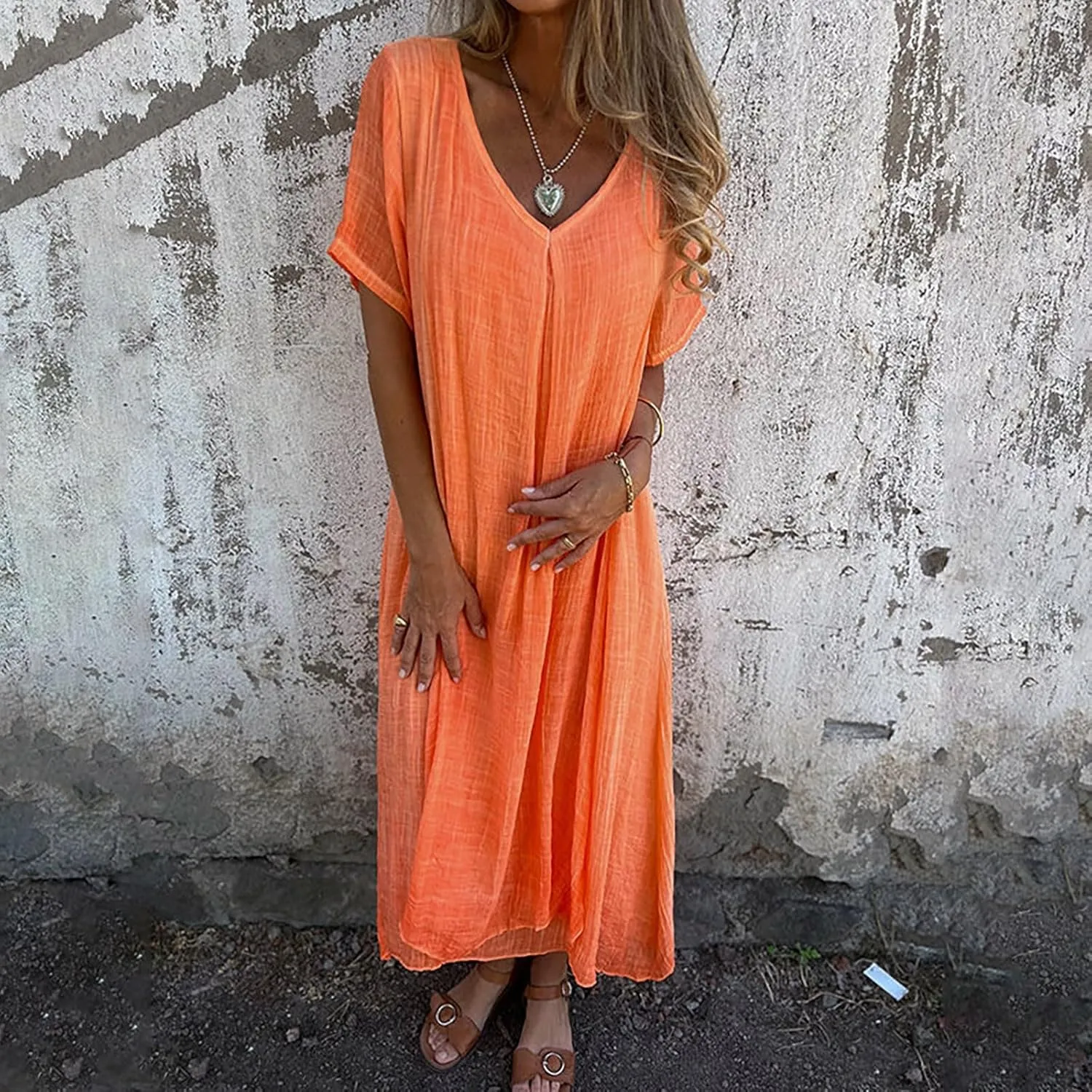 Cotton and Linen V-Neck Midi Dress Summer Short Sleeve Solid Flowy Bohemian Style Casual Loose Dressy Soft Dresses