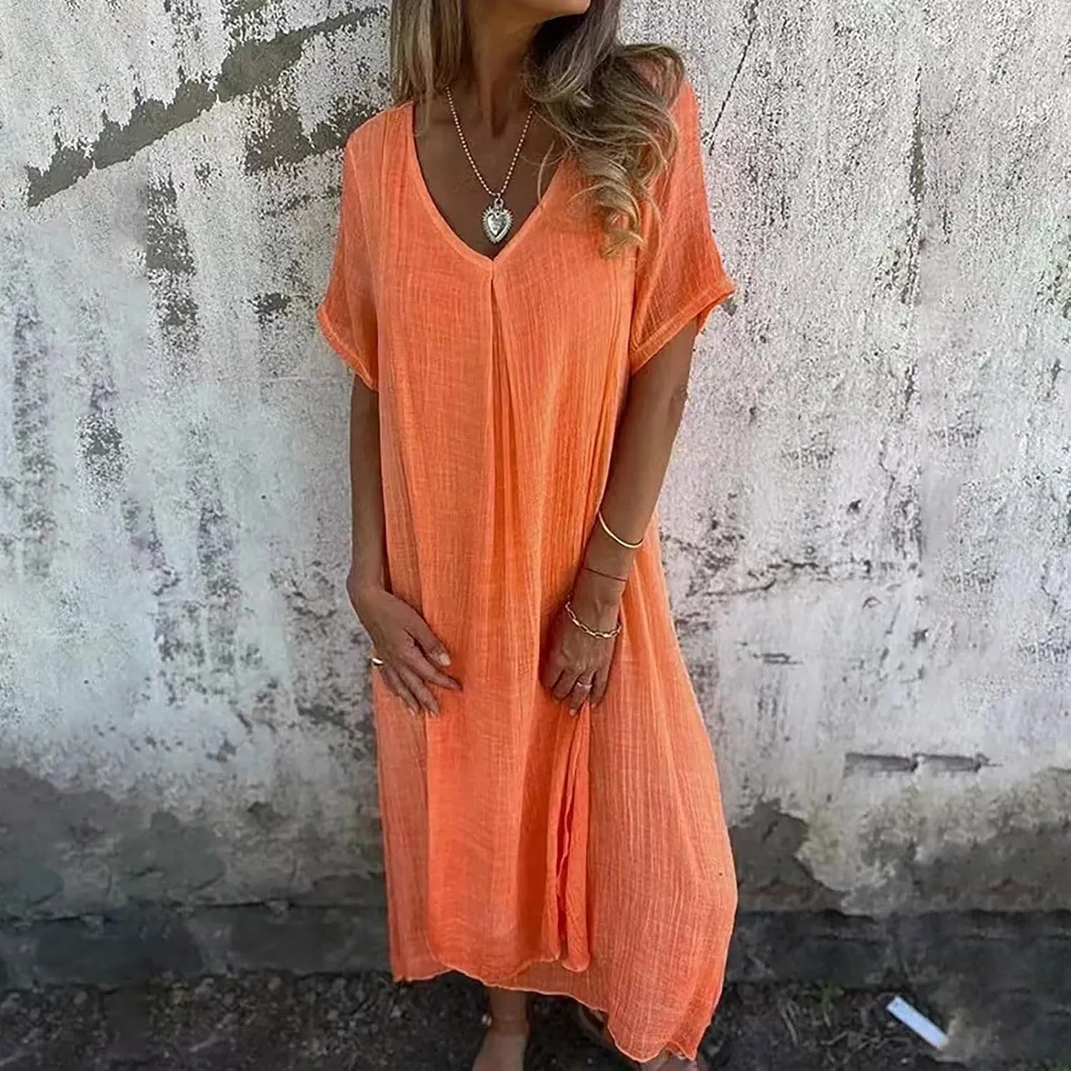 Cotton and Linen V-Neck Midi Dress Summer Short Sleeve Solid Flowy Bohemian Style Casual Loose Dressy Soft Dresses