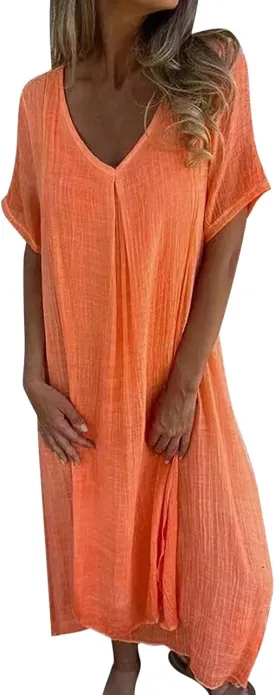 Cotton and Linen V-Neck Midi Dress Summer Short Sleeve Solid Flowy Bohemian Style Casual Loose Dressy Soft Dresses