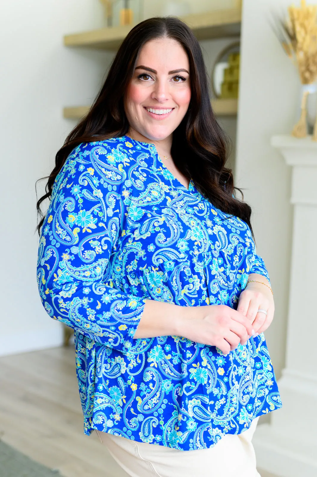 Dear Scarlett Lizzy Babydoll Top in Royal and Mint Paisley