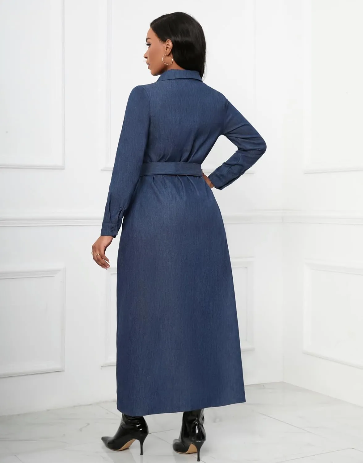 Denim Maxi Shirt Dress for Women Long Sleeve Button Down Belted Casual Dress Prom Dress with Pockets