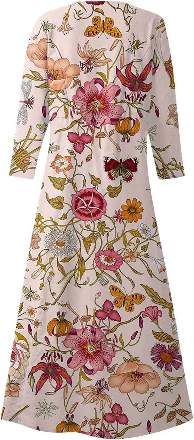 Dress Women Long Womens Boho Floral Print Loose Fit Casual Summer 3/4 Sleeve Crewneck Long Dress with Pockets