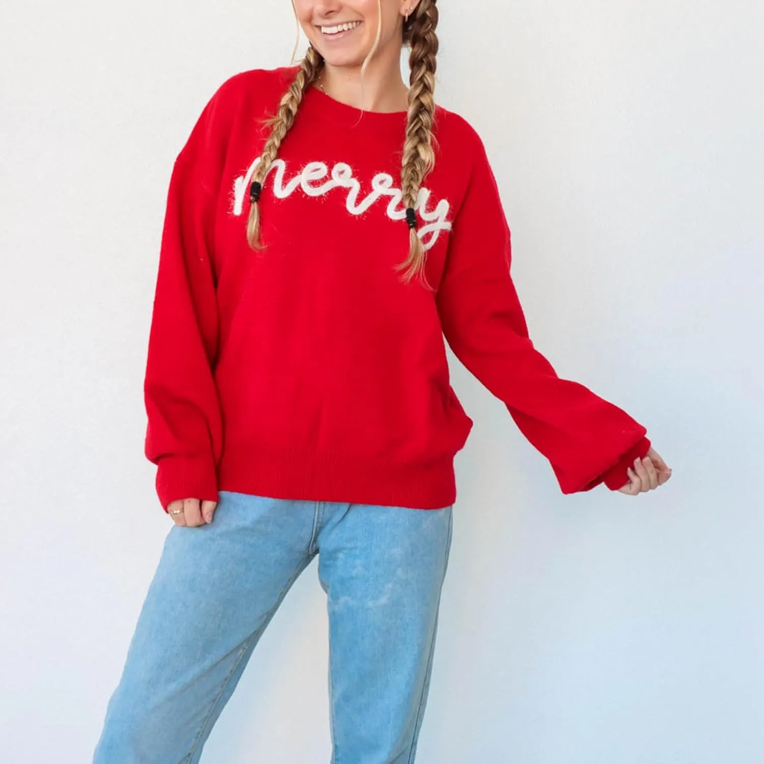DSORVICD Women Glitter Christmas Sweater Sequin Long Sleeve Knit Pullover Ugly Graphic Oversized Holiday Sweater Streetwear