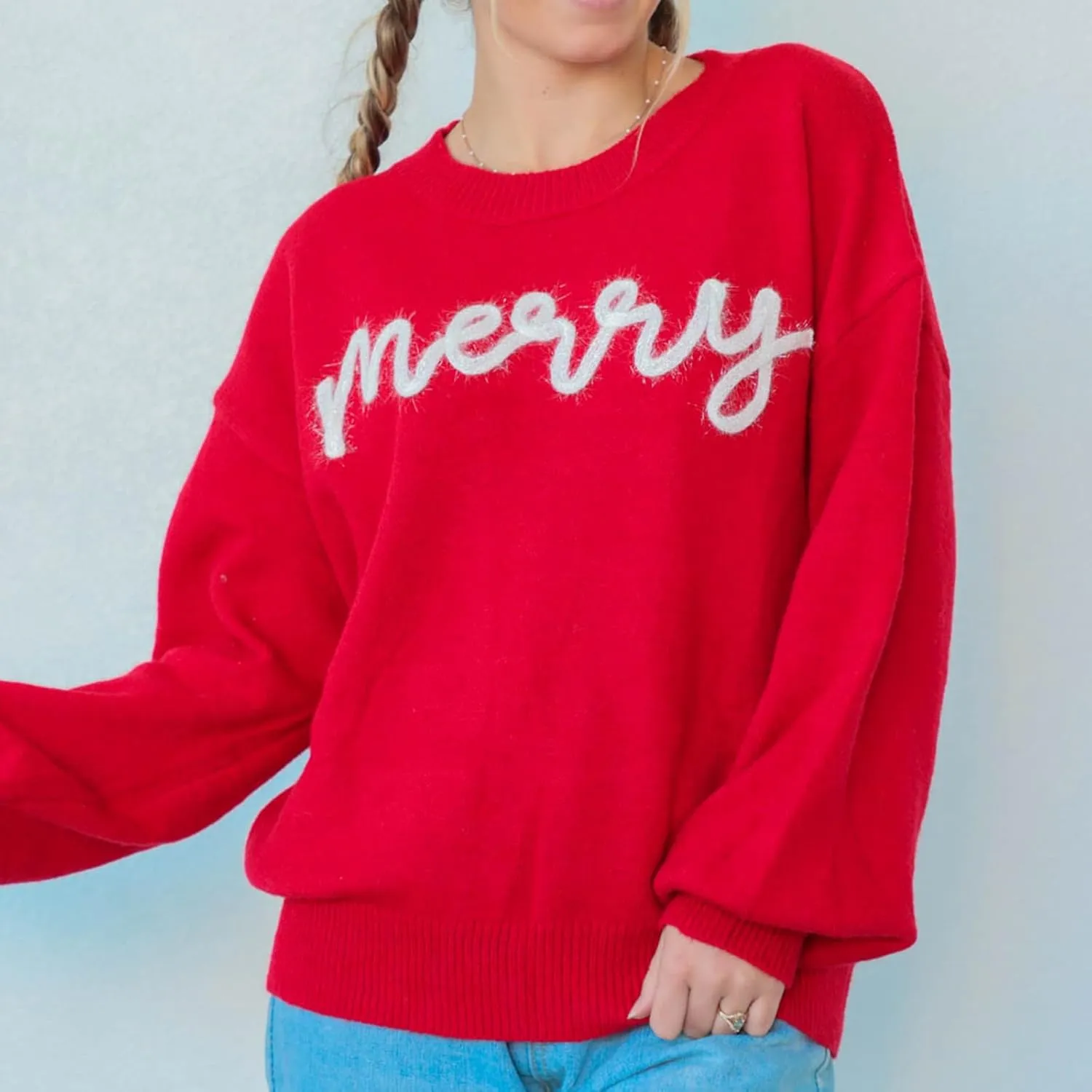 DSORVICD Women Glitter Christmas Sweater Sequin Long Sleeve Knit Pullover Ugly Graphic Oversized Holiday Sweater Streetwear