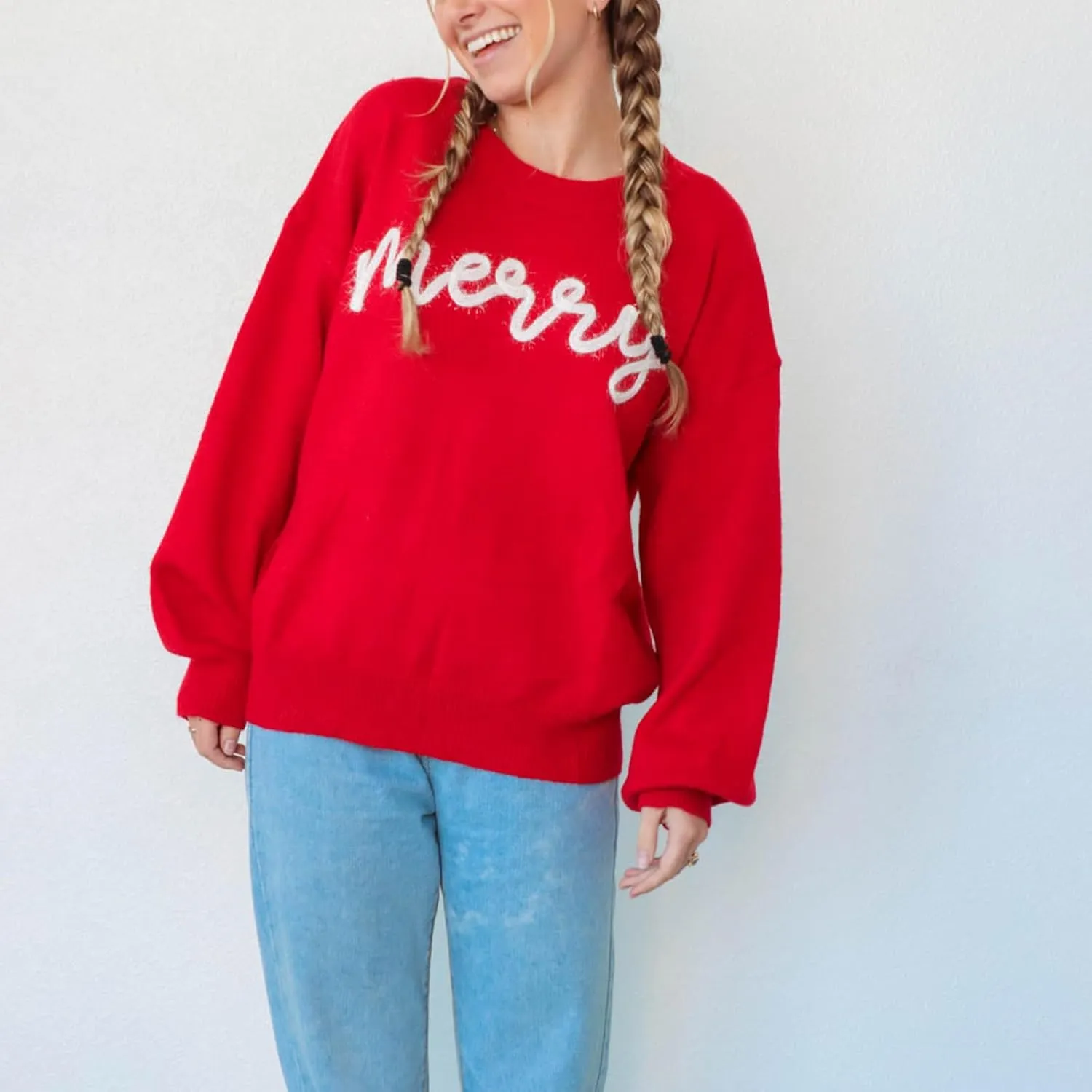 DSORVICD Women Glitter Christmas Sweater Sequin Long Sleeve Knit Pullover Ugly Graphic Oversized Holiday Sweater Streetwear