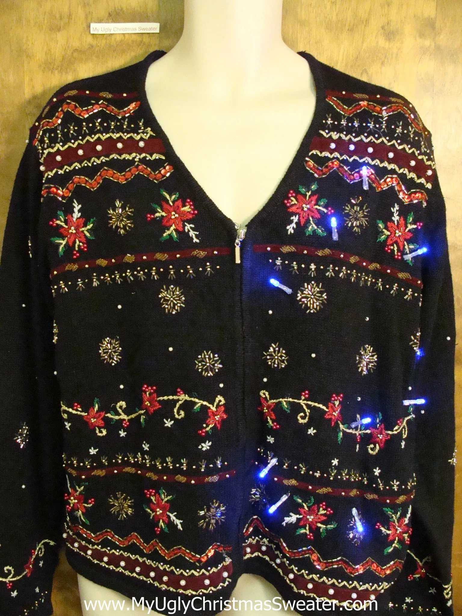 Festive Poinsettias Light Up Cheesy Christmas Sweater