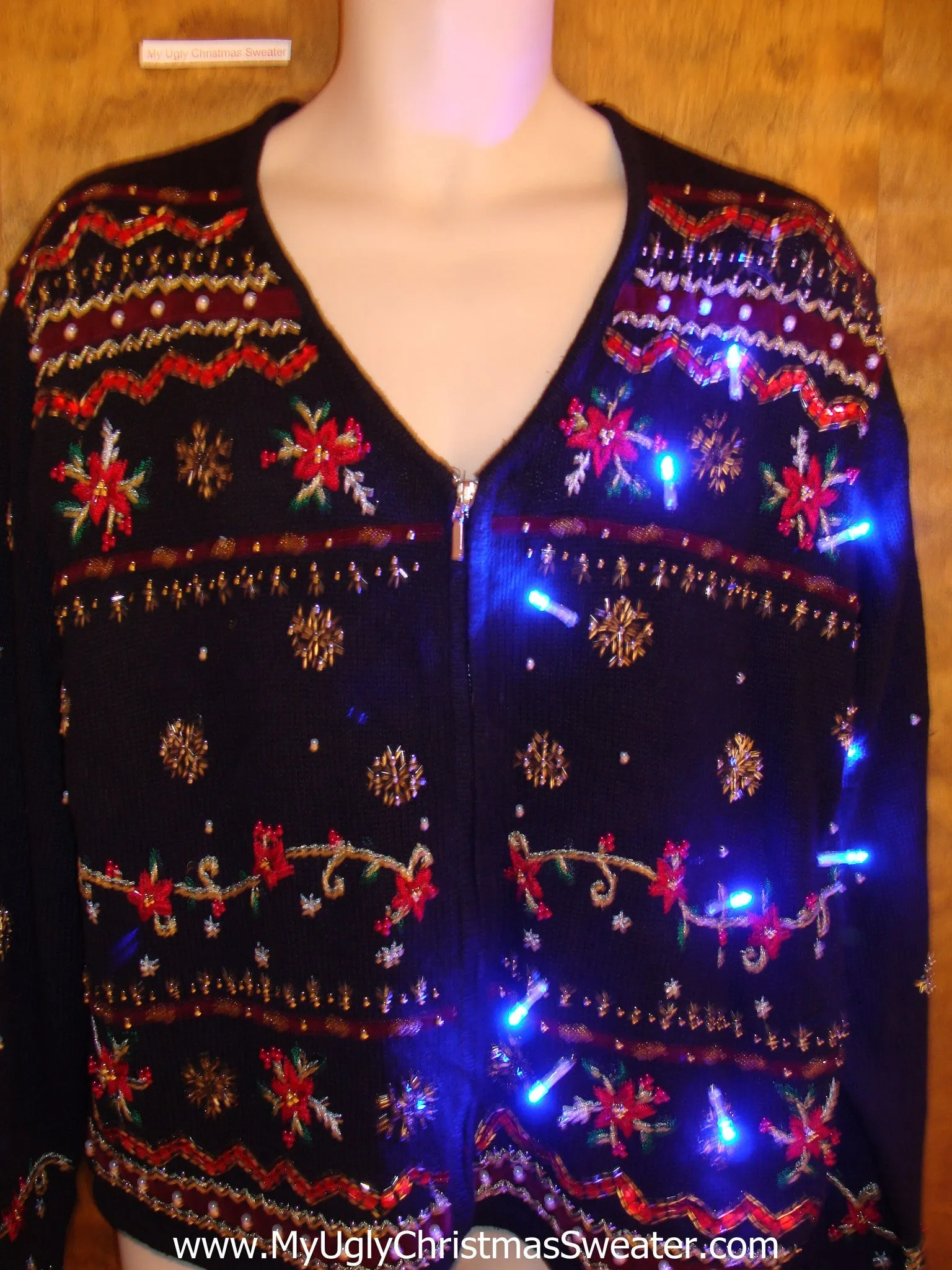 Festive Poinsettias Light Up Cheesy Christmas Sweater