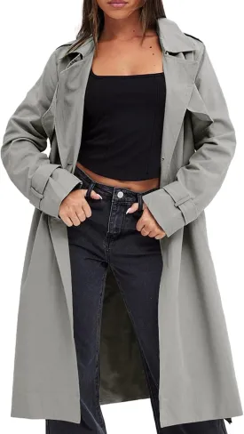 Fisoew Women's Double Breasted Trench Coats Causal Windproof Long Lapel Pocketed Overcoat with Belt
