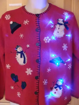 Funny Christmas Sweater with Lights Snowmen Toppling