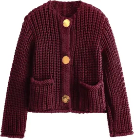 Kissonic Womens Cropped Cardigan Sweater Button Down Long Sleeve Chunky Soft Knit Sweater Open Front Loose Casual Coat
