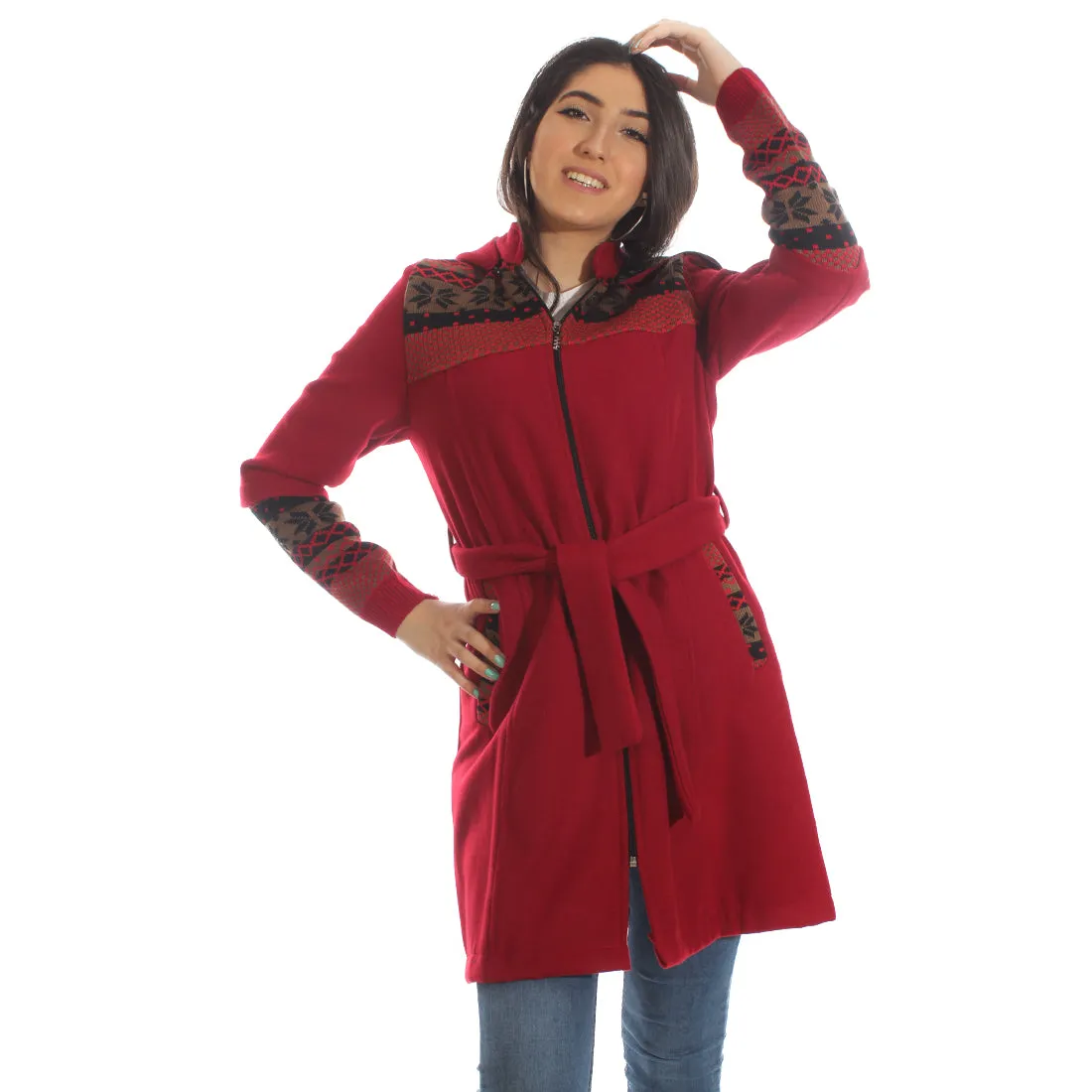 Long coat with removable hoodie/ red -5898