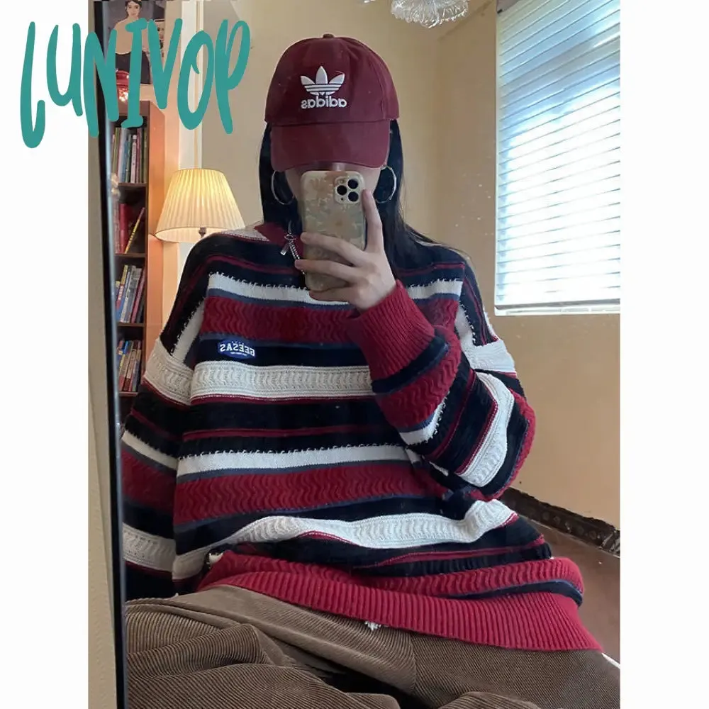 Lunivop 90s streetwear Retro American Sweater Women's round Neck Chic Korean Style Striped Sweater Lazy Style Autumn Women's Fashion