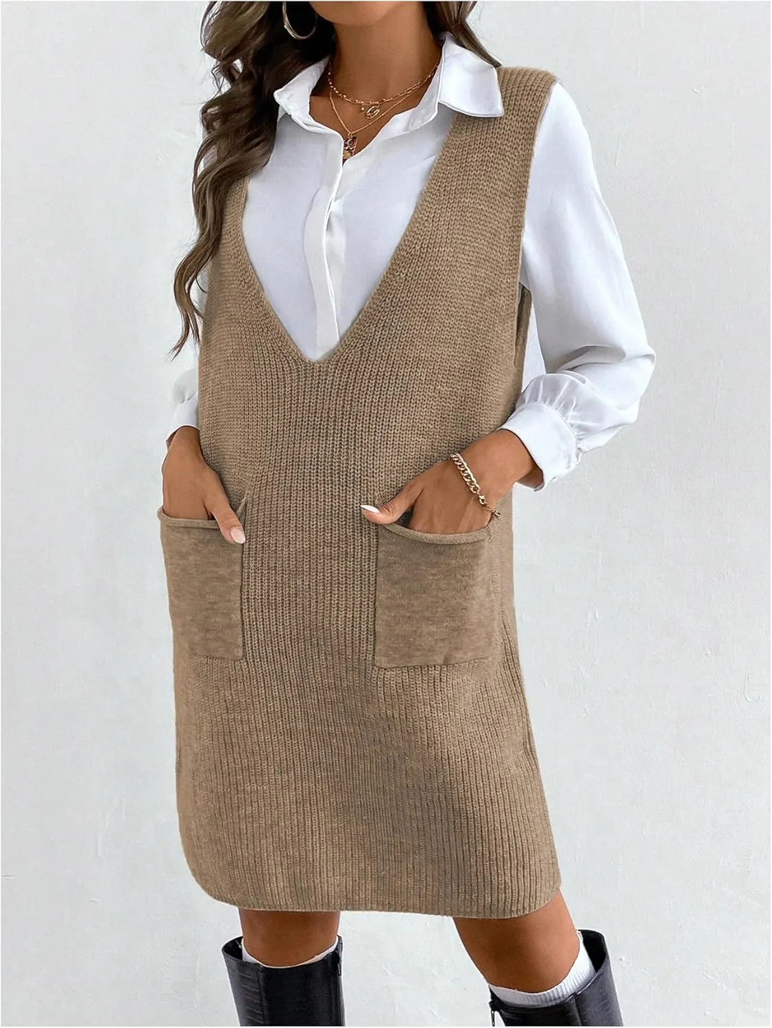 MakeMeChic Women's Casual Sweater Dress V Neck Sleeveless Knit Short Sweater Dresses with Pocket