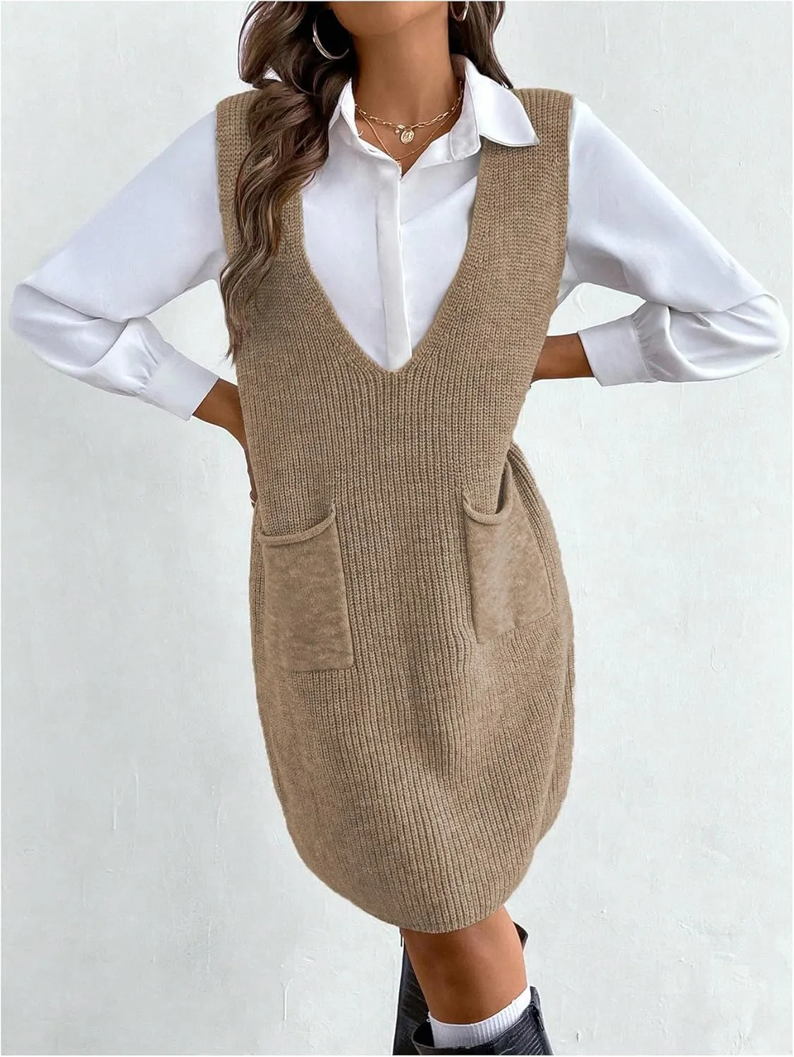 MakeMeChic Women's Casual Sweater Dress V Neck Sleeveless Knit Short Sweater Dresses with Pocket
