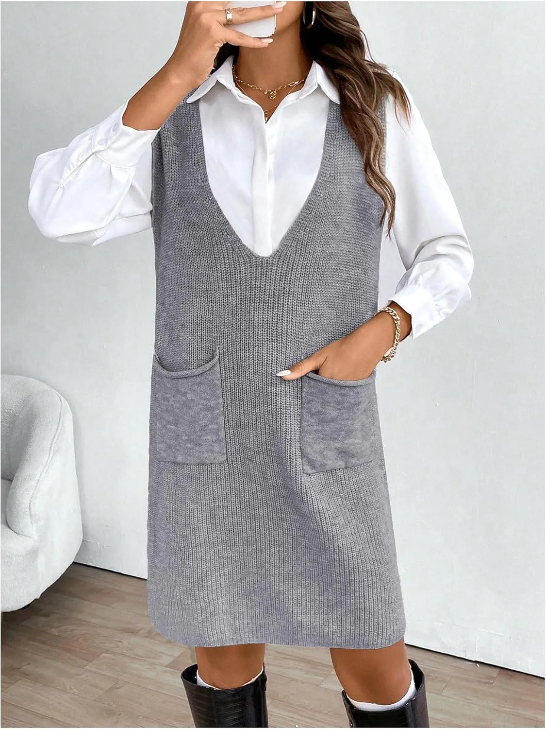 MakeMeChic Women's Casual Sweater Dress V Neck Sleeveless Knit Short Sweater Dresses with Pocket