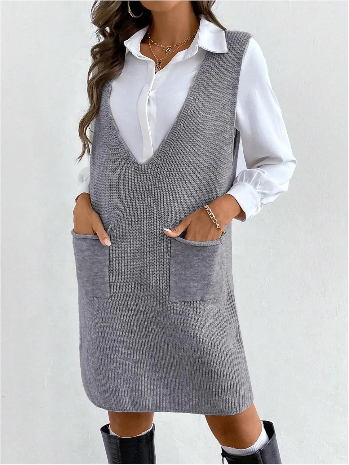 MakeMeChic Women's Casual Sweater Dress V Neck Sleeveless Knit Short Sweater Dresses with Pocket