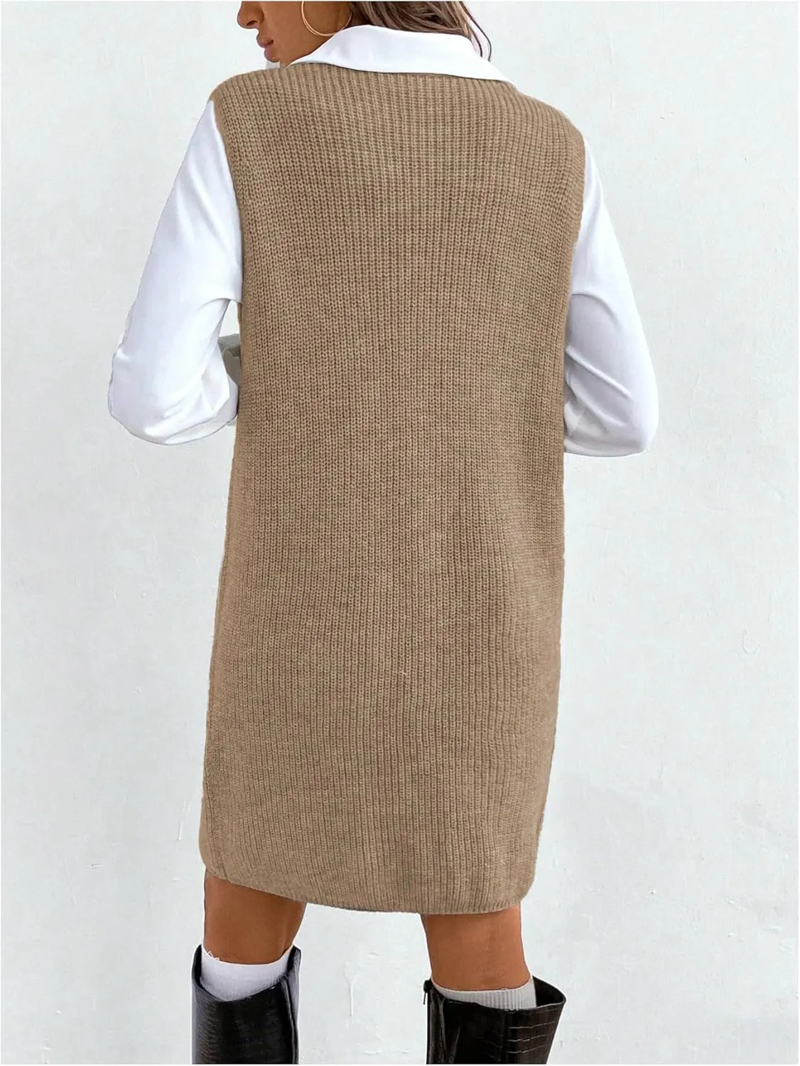 MakeMeChic Women's Casual Sweater Dress V Neck Sleeveless Knit Short Sweater Dresses with Pocket