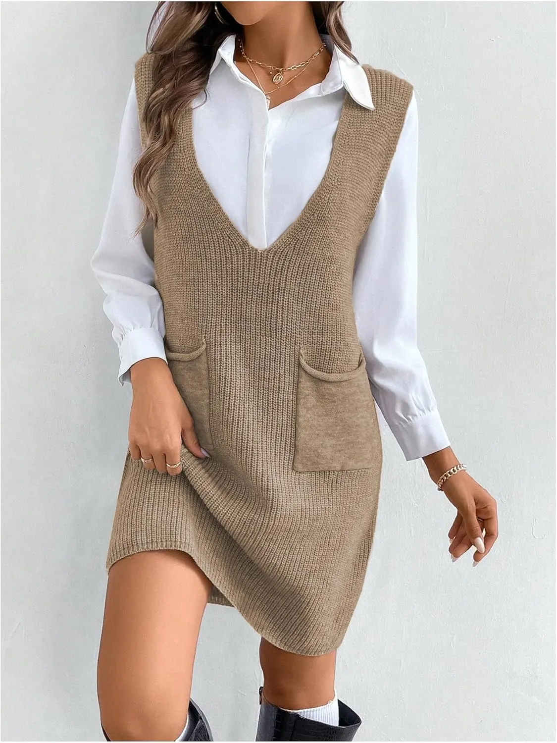 MakeMeChic Women's Casual Sweater Dress V Neck Sleeveless Knit Short Sweater Dresses with Pocket